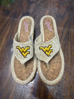 WVU Beige Crochet Wedge Flip Flops with Yellow Embroidered Logo